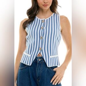 On 12th Blue and White Striped Sweater Vest Gold Sea Shell Buttons Medium